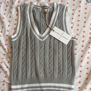 Gray and White Cable Knit Sweater Vest